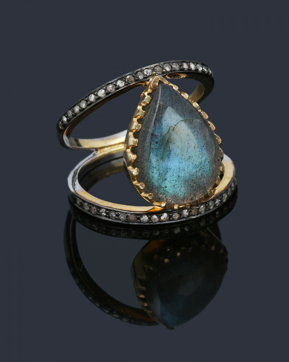 925 Silver Rose Cut Diamond Ring Labradorite Vintage Antique Women Look Jewelry