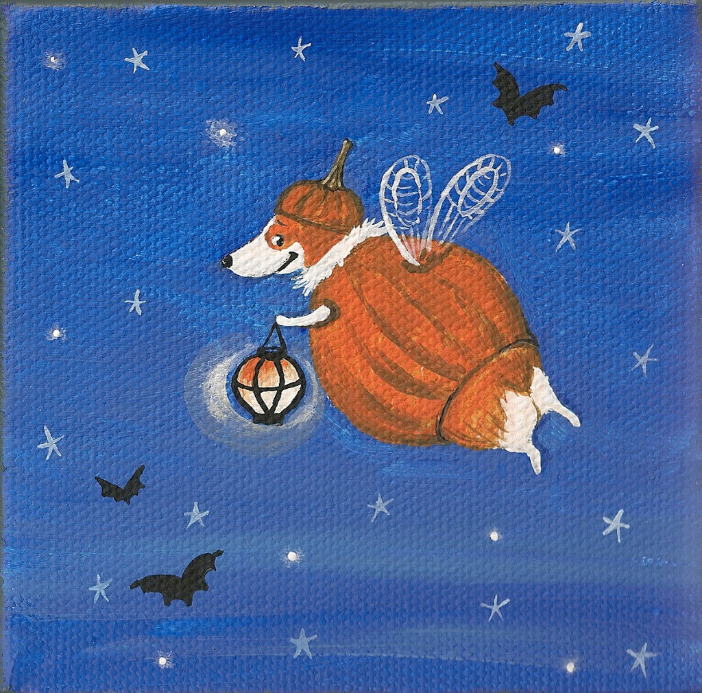 4x4 Halloween Print Of Painting Pembroke Welsh Corgi Ryta Folk Art Fairy Bats 🦇