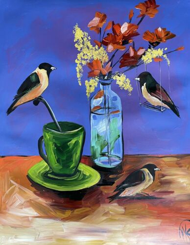 Marina Rehrmann Original Birds Flowers Coffee Tee China Green Cup Vase Signed 🧿