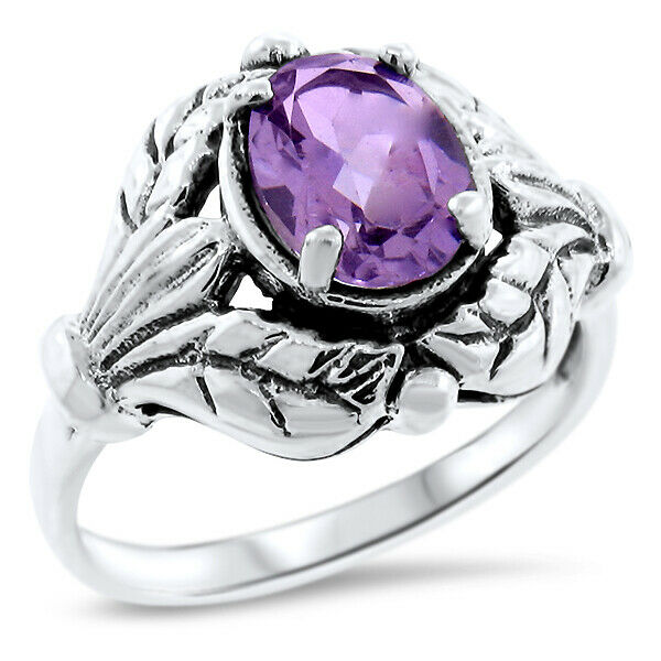 Genuine Brazilian Amethyst 925 Sterling Silver Antique Style Ring Size 7   #1010