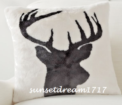 Pottery Barn Christmas Faux Fur Stag Printed Pillow Cover, 18", Ivory/gray