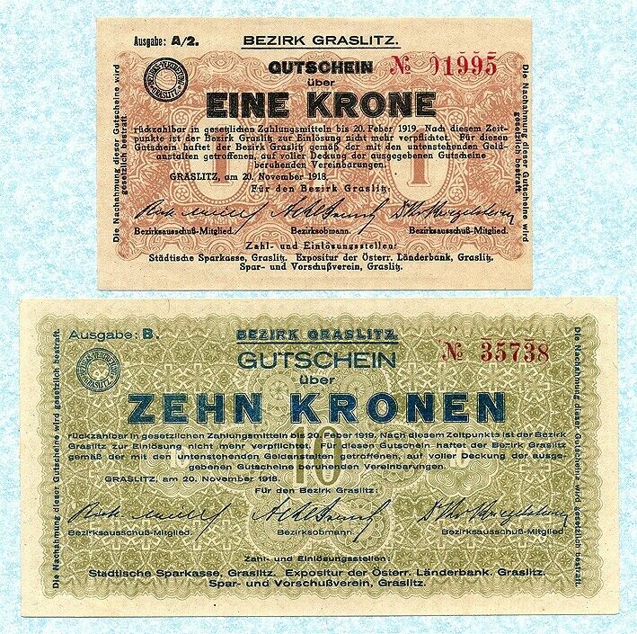 Austria Graslitz 1&10 Kronen 1918 Unc