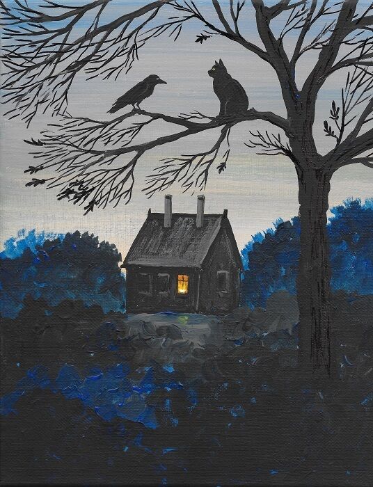 5x7 Print Of Painting Ryta Crow Black Cat Halloween Folk Art Haunted House Salem