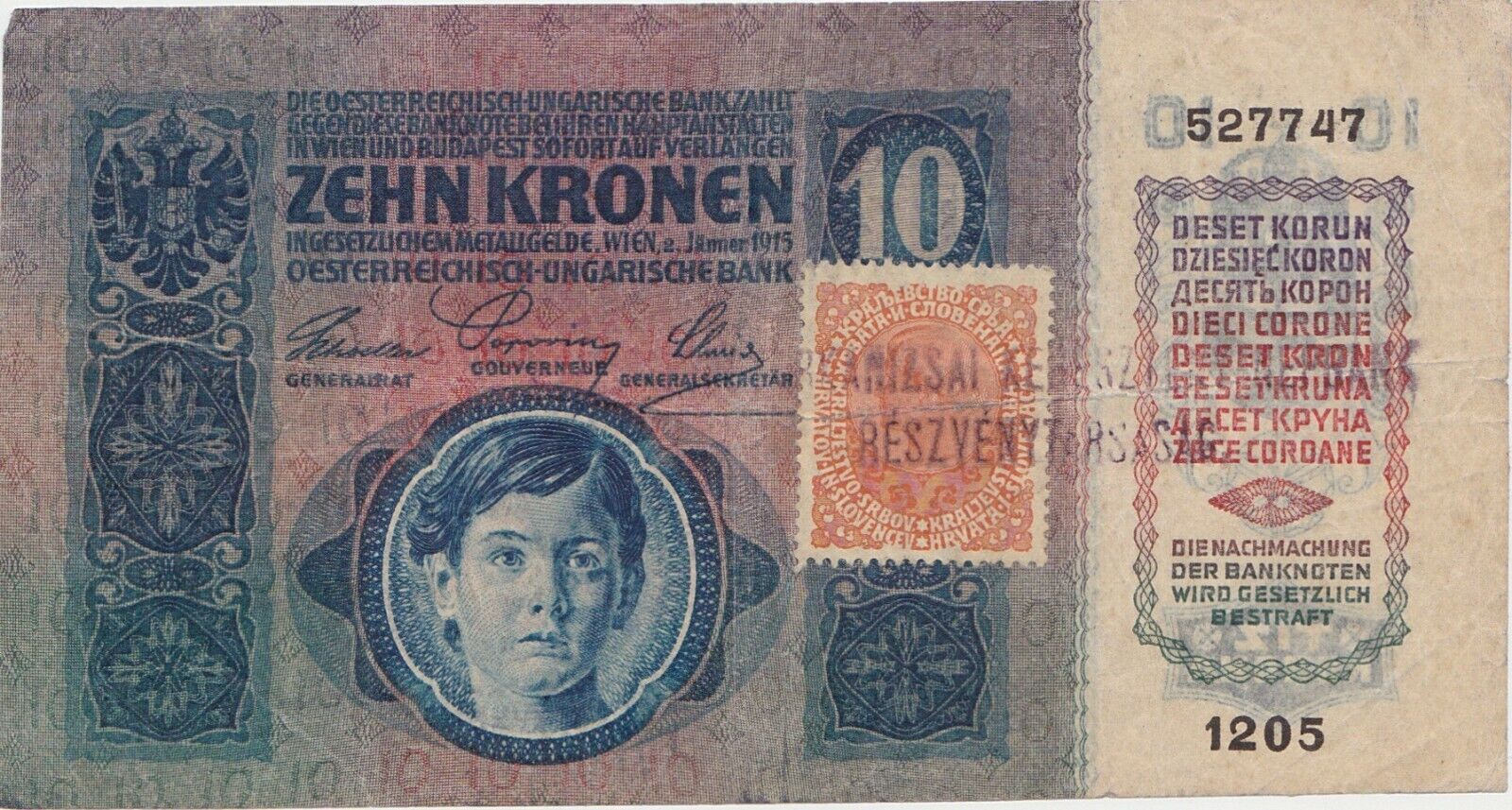 Austria Hungary 10 Coroane Kronen 1915 With 2 Regional Stamps F