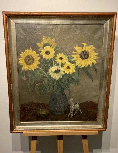 Large, German 1940 Antique Sunflower Oil Paint Unknown Mystery Antique Painting