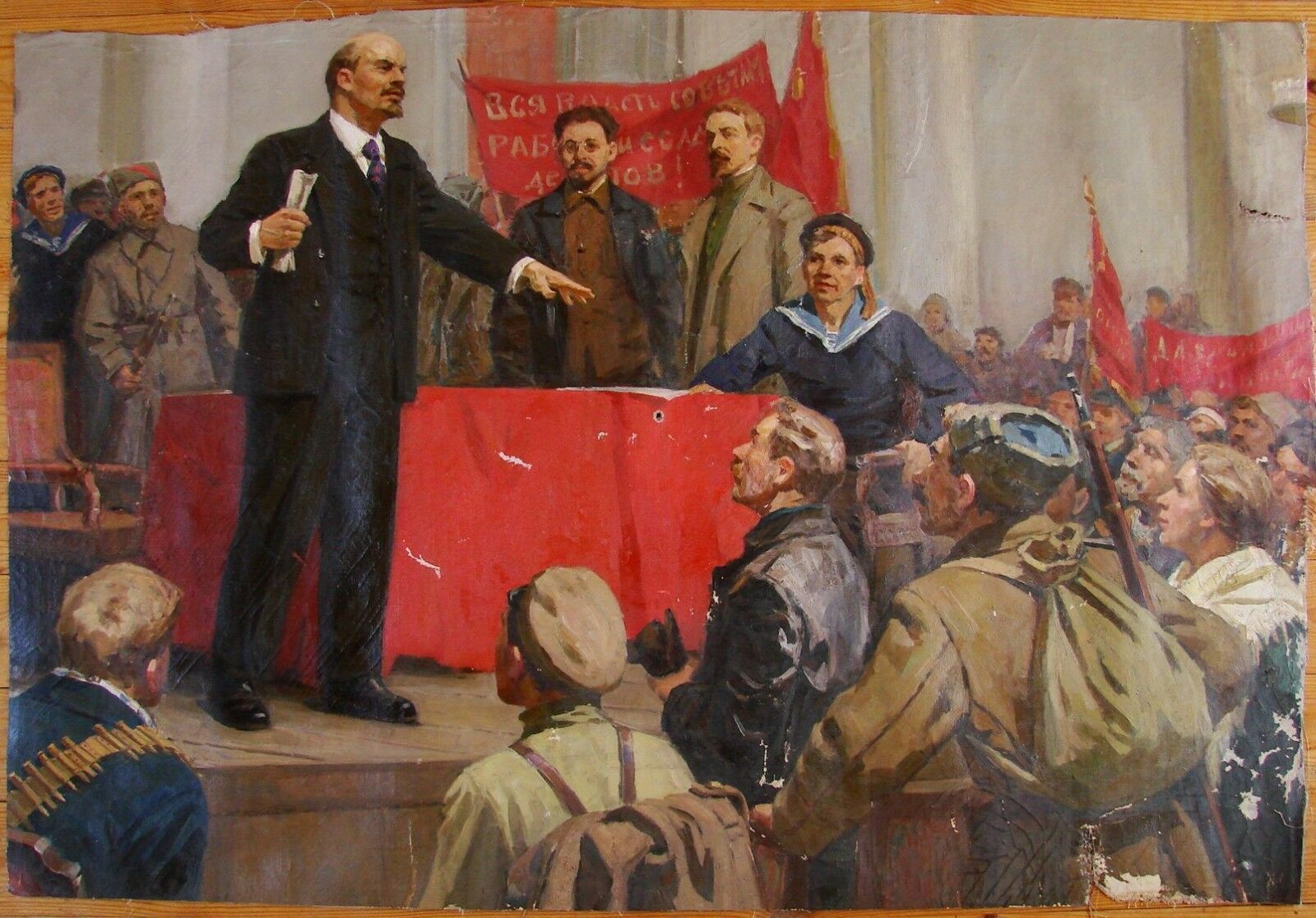 Russian Ukrainian Soviet Oil Painting Lenin People Realism Action Meeting