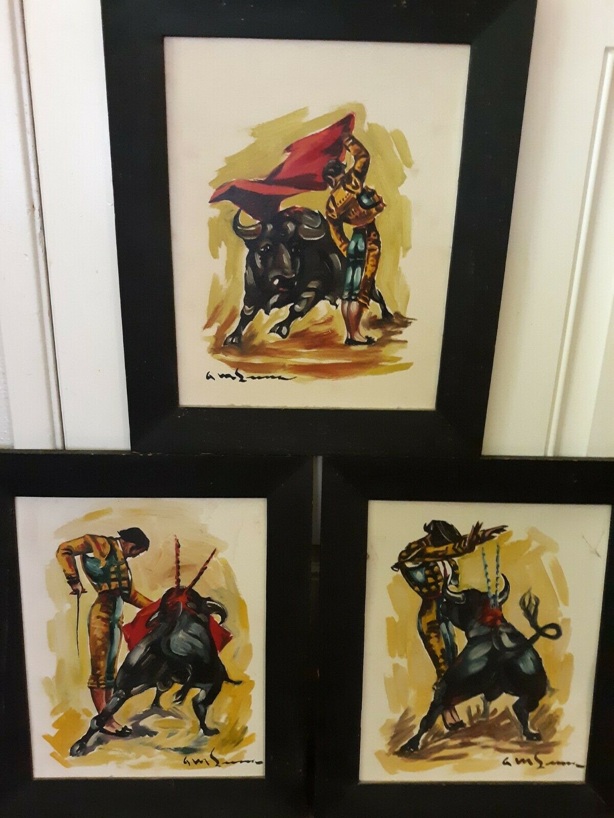 3 Vintage Mid-century Abstract Oil Paintings Bull Fighting Matador Signed Luna