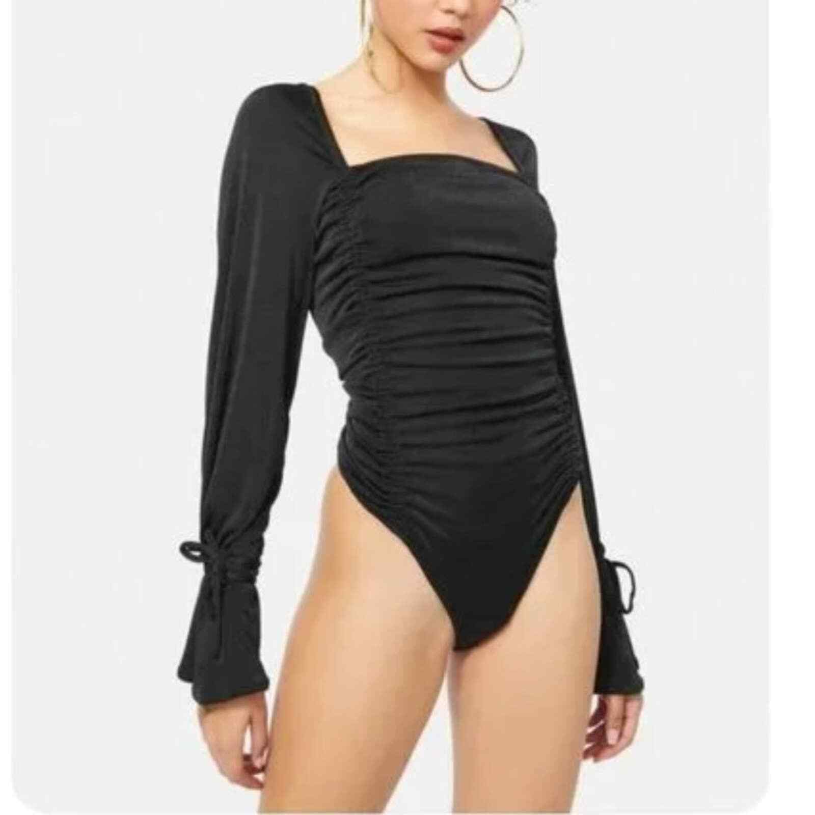 Free People Meant To Be Thong Bodysuit  Black Long Sleeve Ruched Size Xs
