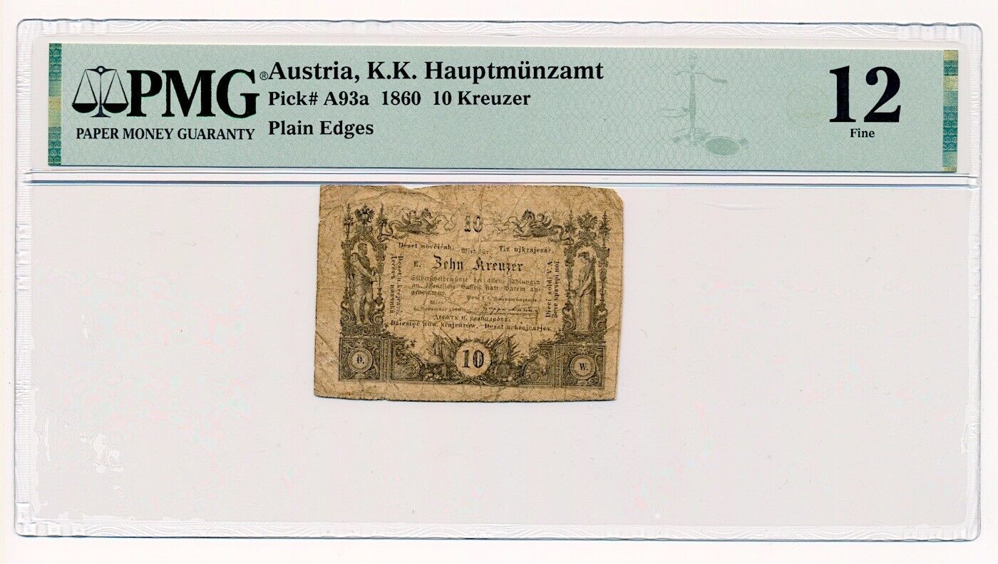 Austria Banknote 10 Kreuzer 1860 Pmg Grade F 12 Fine