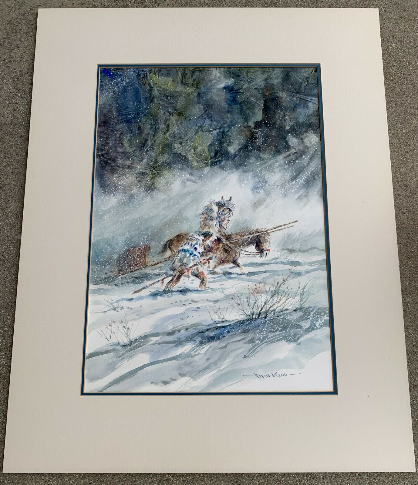 Paul Kuo " American Indians Winter Scene" Original Watercolor Painting. 22"x15"