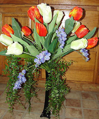 Interior Home Tulips Silk Flower Arrangement Black Vase Orange Cream Lavender