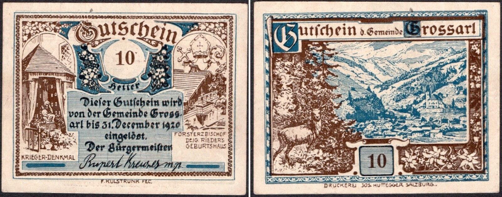 10 Heller 1920 - Austria Grossarl Notgeld Banknote -vf- #a22/8