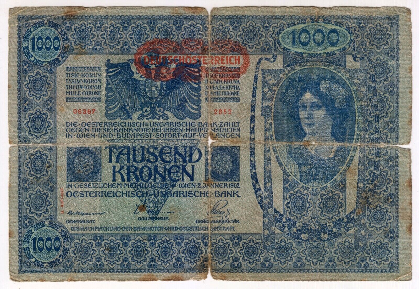 1902 Ausrtia 1000 Kronen Torn Damage Paper Money Banknotes Currency