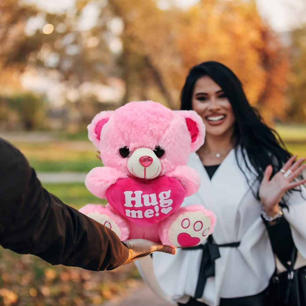 Valentine Teddy Bear Stuffed Animal Pink Plush Bear W/ Hug Me Pink Heart Pillow