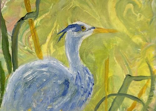 Aceo Blue Heron 813 Original Oil Bird Painting By K Fuller 2.5"x3.5"