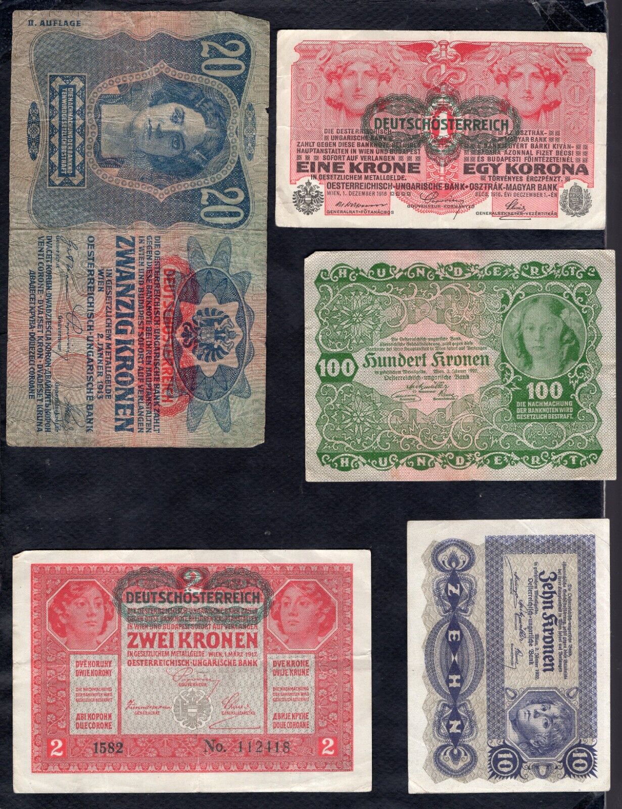 A Set Of 5 Banknotes From Austria Poor/good/vg