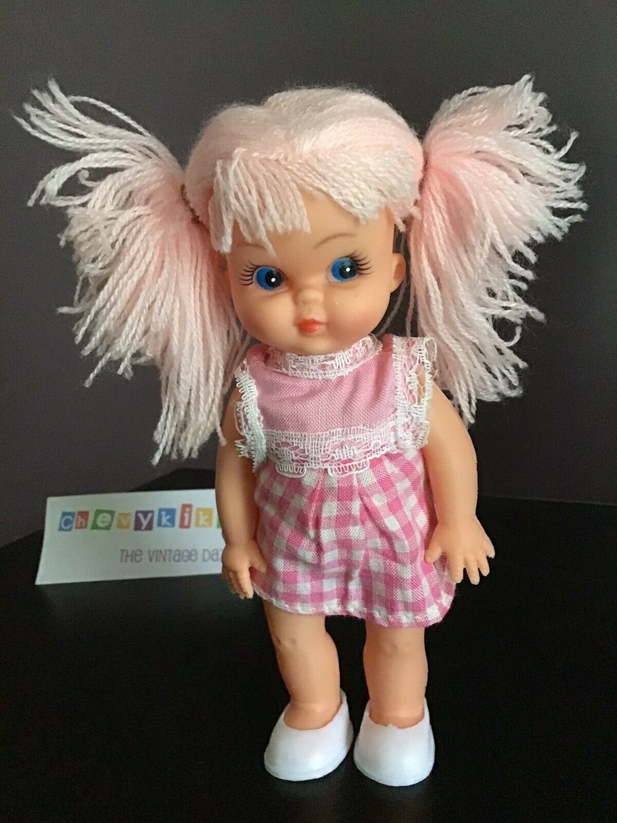 Vintage Unmarked Doll 6” Pink Yarn Hair Blue Eyes Gingham Dress & White Shoes