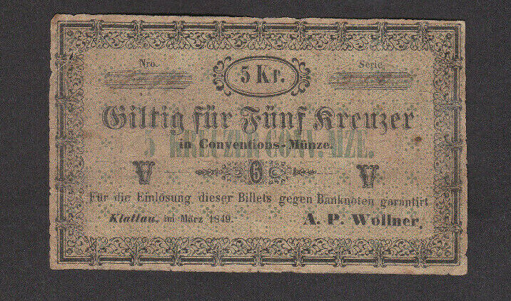 5 Kreuzer Vg Note From Austro-hungarian Monarchy/bohemia 1849 Rare