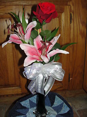 Silk Flower Bud Vase Stargazer Lilies Velvety Red Rose Celebrations Reception