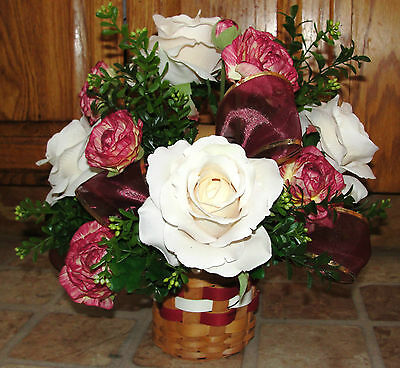 Valentines Day Silk Flower Arrangement Wicker Basket Roses Varigated Carnations