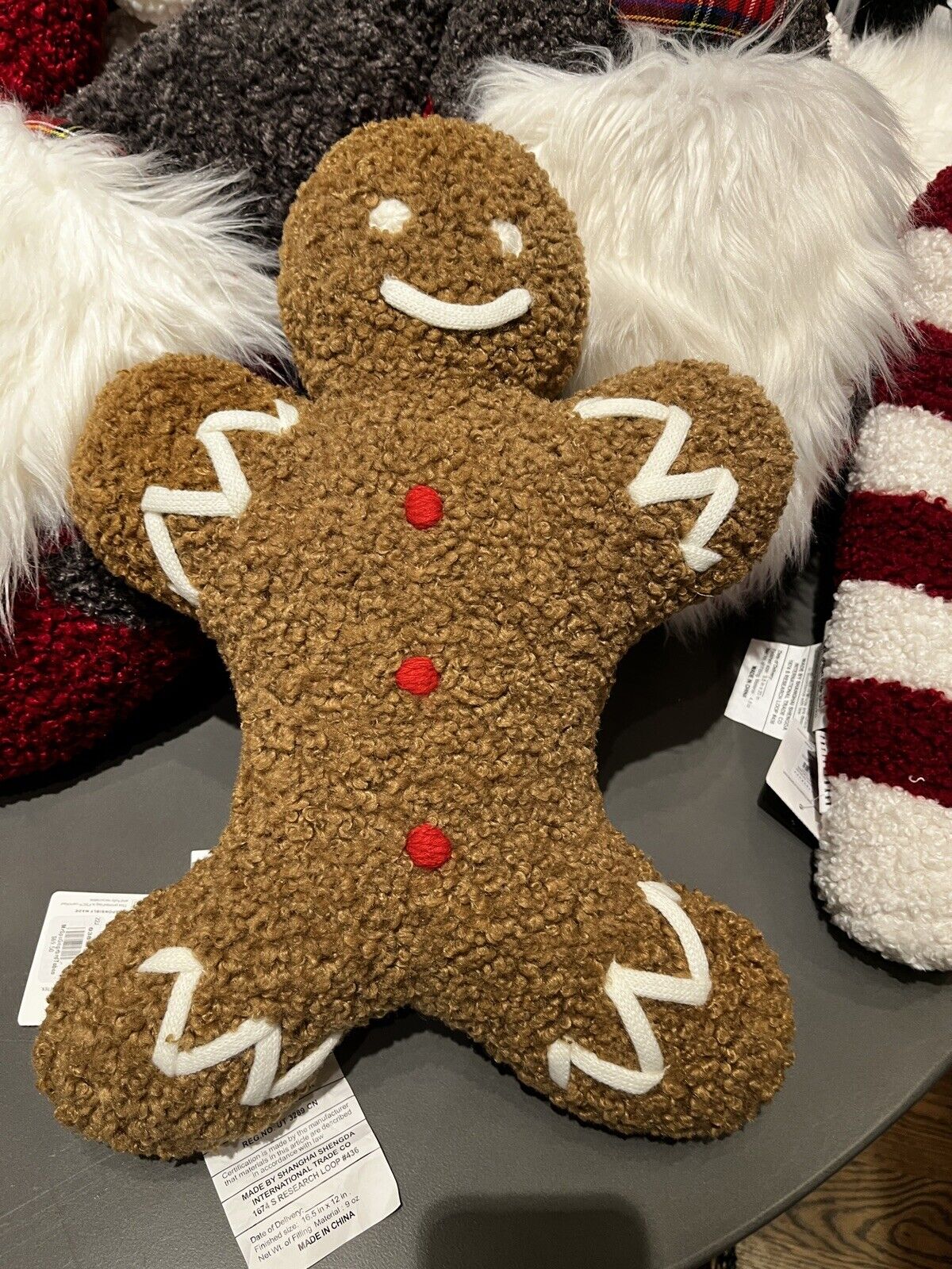 Pottery Barn Gingerbread Man Christmas Teddy Shaped Holiday Pillow 16.5 X 12 Nwt