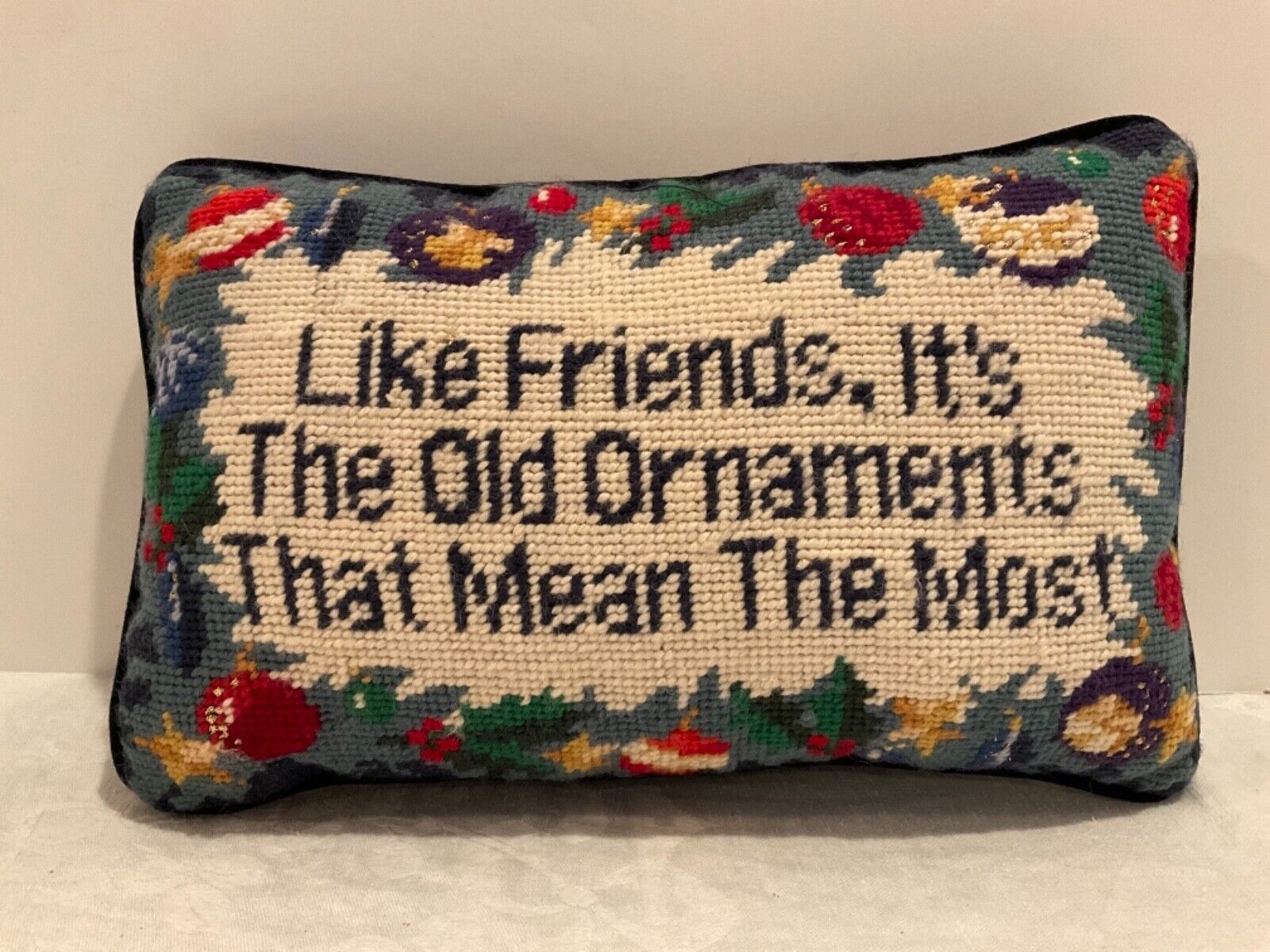 Christmas Needlepoint Pillow Blue Velvet “like Friends, It’s The Old Ornaments”